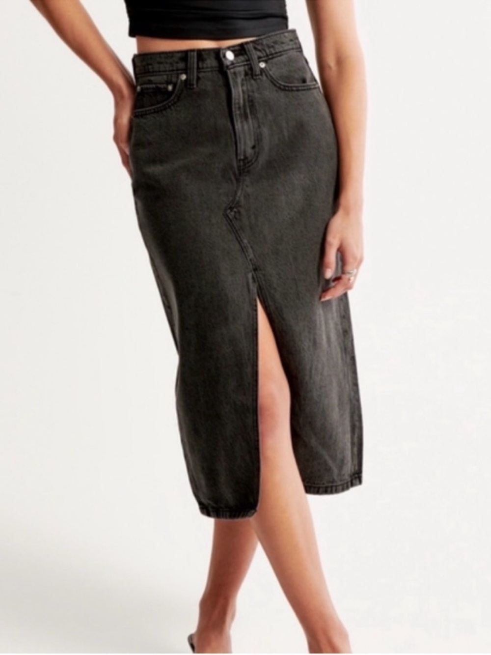 Abercrombie and Fitch High-Waist Black Denim Midi Skirt with Front Slit